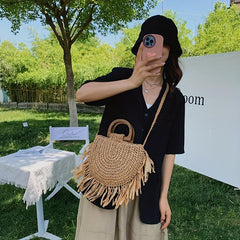 Straw Fring Shoulder Bag Double Wood Handle Vacation Style Crossbody Bag