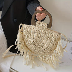 Straw Fring Shoulder Bag Double Wood Handle Vacation Style Crossbody Bag