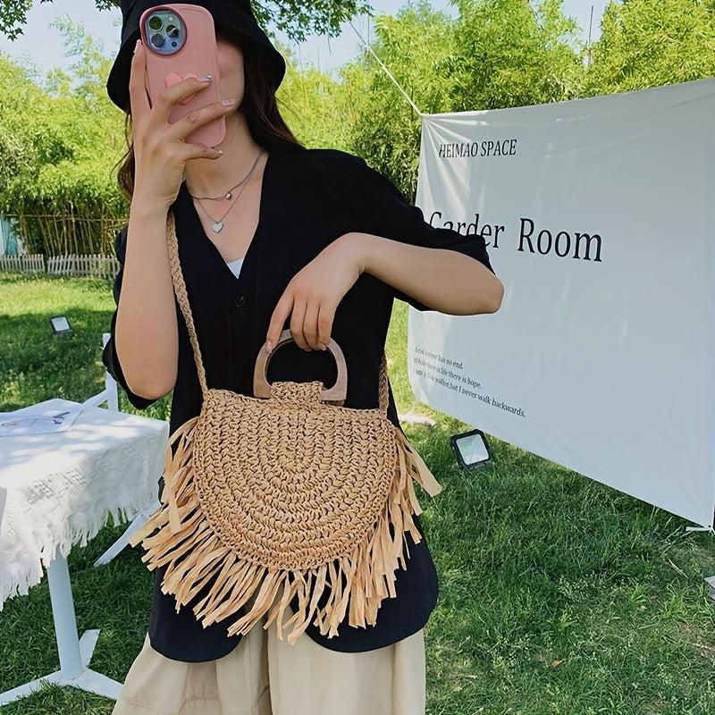Straw Fring Shoulder Bag Double Wood Handle Vacation Style Crossbody Bag