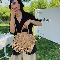 Straw Fring Shoulder Bag Double Wood Handle Vacation Style Crossbody Bag