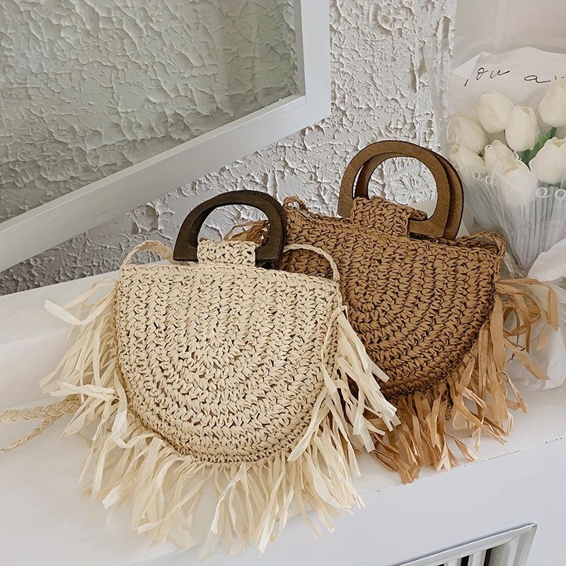 Straw Fring Shoulder Bag Double Wood Handle Vacation Style Crossbody Bag