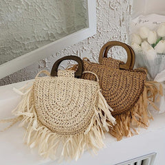 Straw Fring Shoulder Bag Double Wood Handle Vacation Style Crossbody Bag