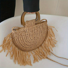 Straw Fring Shoulder Bag Double Wood Handle Vacation Style Crossbody Bag