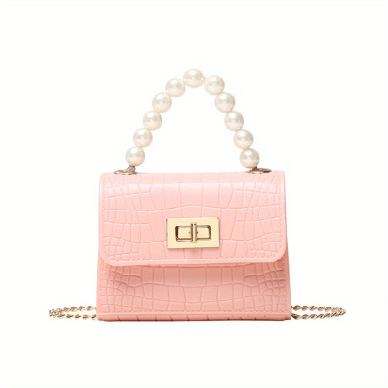 Crocodile Embossed Handbag with Faux Pearl Handle & Chain Crossbody Bag