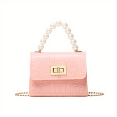 Crocodile Embossed Handbag with Faux Pearl Handle & Chain Crossbody Bag