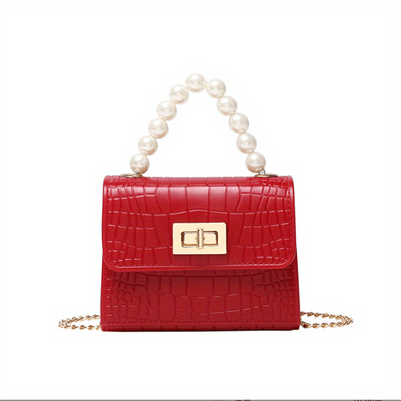 Crocodile Embossed Handbag with Faux Pearl Handle & Chain Crossbody Bag