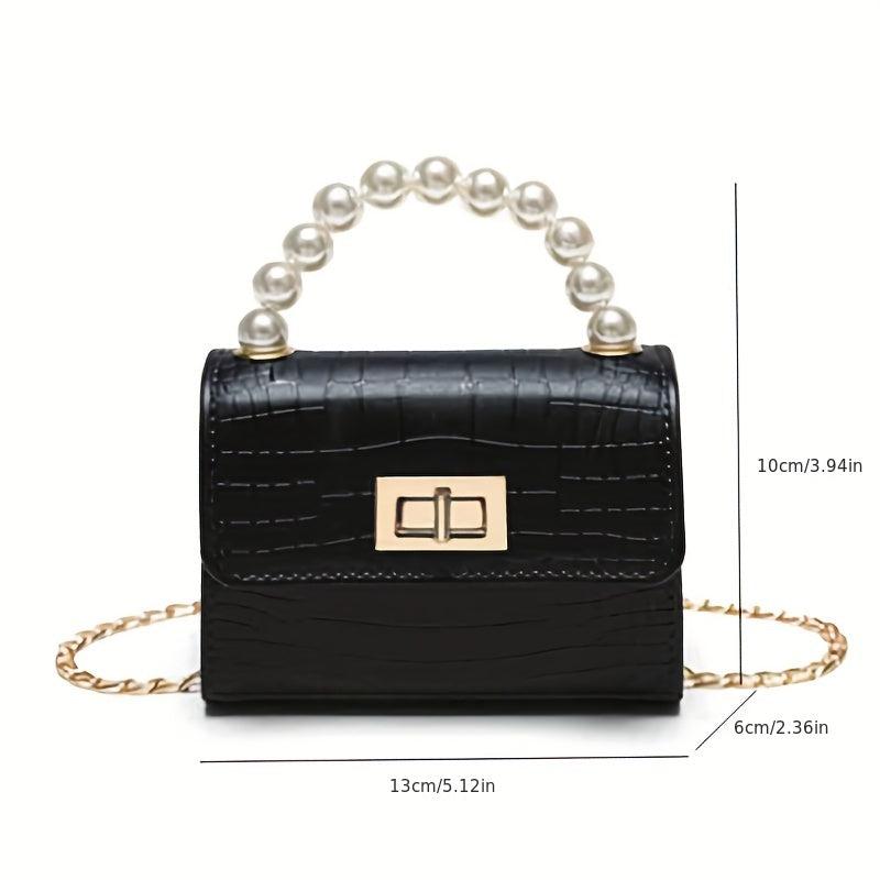 Crocodile Embossed Handbag with Faux Pearl Handle & Chain Crossbody Bag