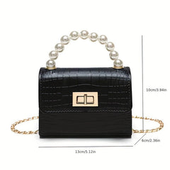 Crocodile Embossed Handbag with Faux Pearl Handle & Chain Crossbody Bag
