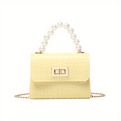 Crocodile Embossed Handbag with Faux Pearl Handle & Chain Crossbody Bag