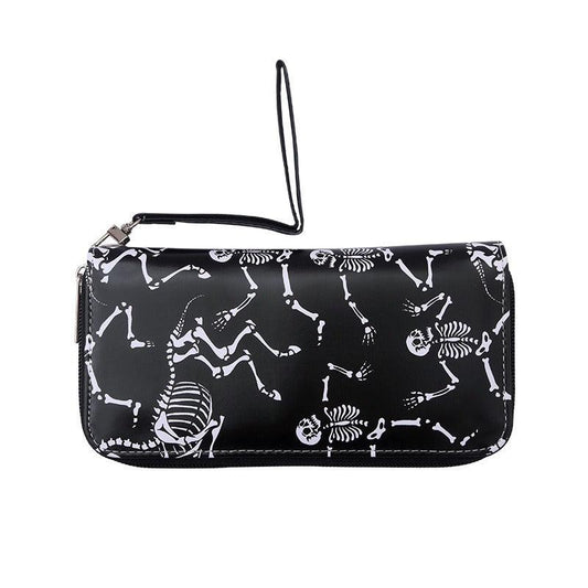 Rose Flower Skull Print Long Wallet Halloween Ghost Skeleton Pattern