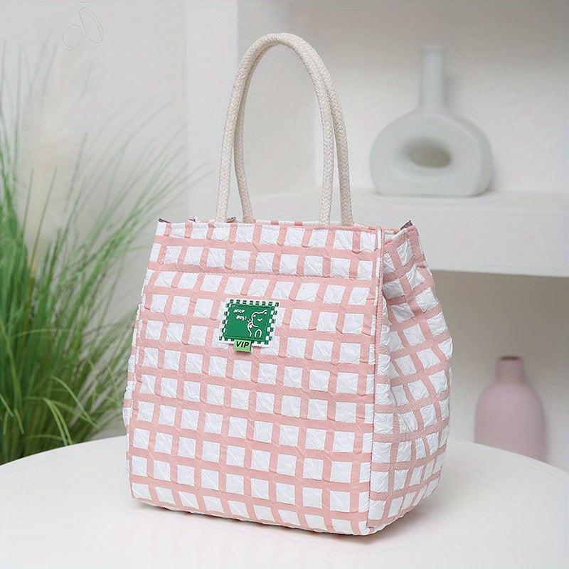 Lattice Pattern Lunch Tote Bag Nylon Lightweight Waterproof Satchel Bag