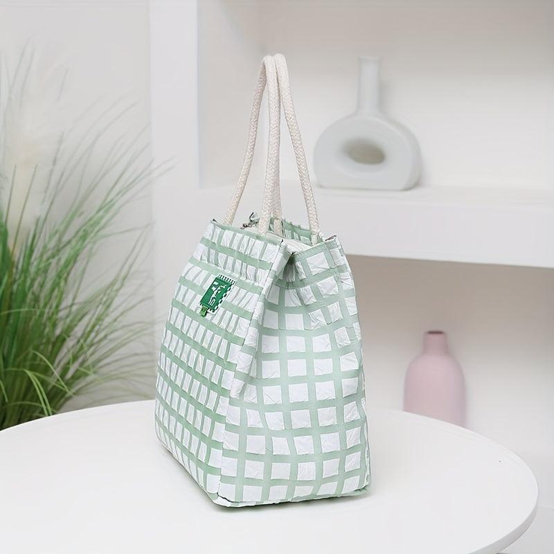 Lattice Pattern Lunch Tote Bag Nylon Lightweight Waterproof Satchel Bag