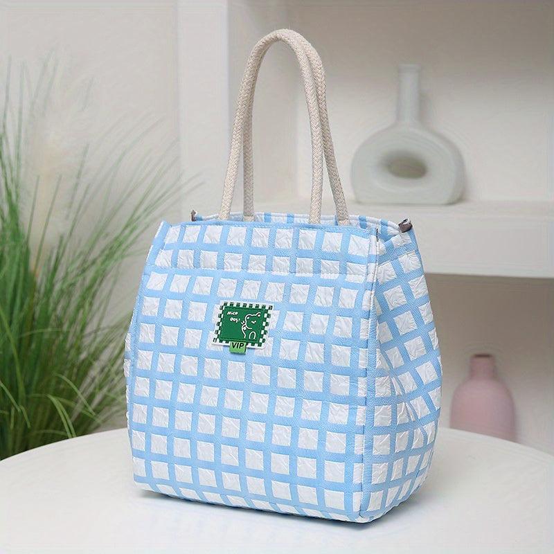 Lattice Pattern Lunch Tote Bag Nylon Lightweight Waterproof Satchel Bag