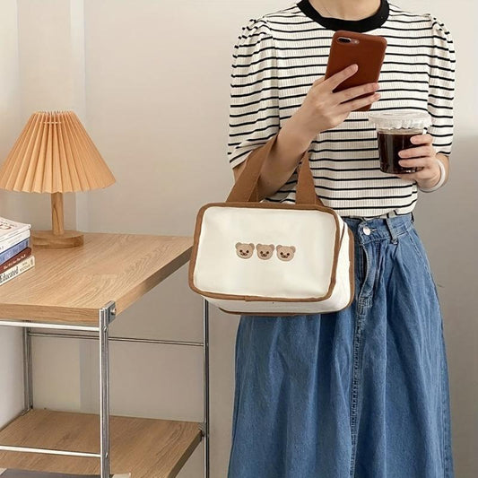 Embroidery Bear Lunch Bag Portable Canvas Storage Bag
