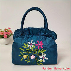 Vintage Flower Embroidery Satin Handbag for Women