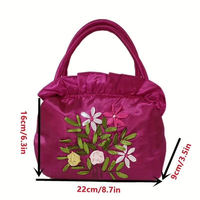 Vintage Flower Embroidery Satin Handbag for Women
