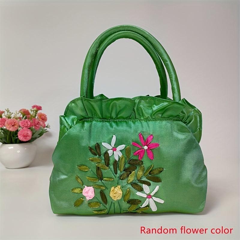 Vintage Flower Embroidery Satin Handbag for Women