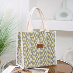Chevron Pattern Canvas Tote Bag Retro Letter Patch Decor Handbag