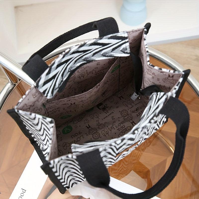 Chevron Pattern Canvas Tote Bag Retro Letter Patch Decor Handbag