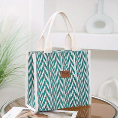 Chevron Pattern Canvas Tote Bag Retro Letter Patch Decor Handbag