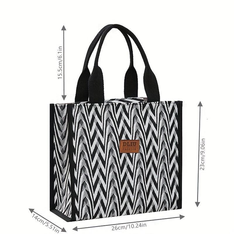 Chevron Pattern Canvas Tote Bag Retro Letter Patch Decor Handbag