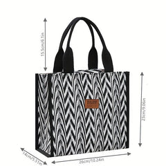 Chevron Pattern Canvas Tote Bag Retro Letter Patch Decor Handbag