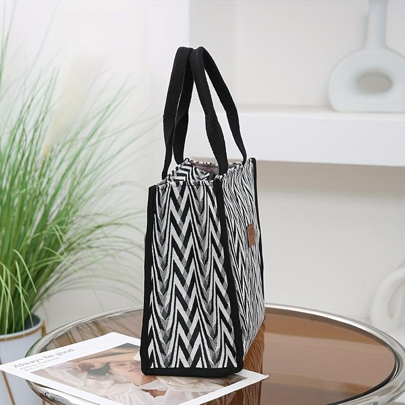 Chevron Pattern Canvas Tote Bag Retro Letter Patch Decor Handbag