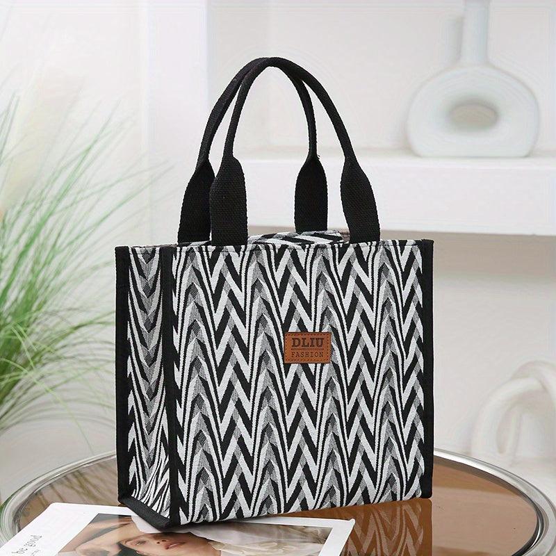 Chevron Pattern Canvas Tote Bag Retro Letter Patch Decor Handbag