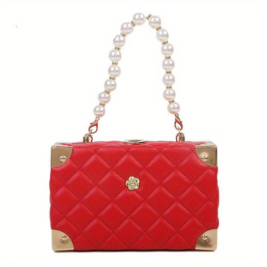 Quilted Solid Mini Handbag Chain Handle Crossbody Bag PU Leather Shoulder Bag