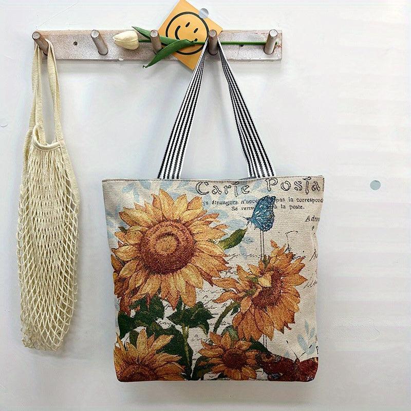 Flower Embroidery Tote Bag Canvas Shoulder Bag Women's Shopping Bag