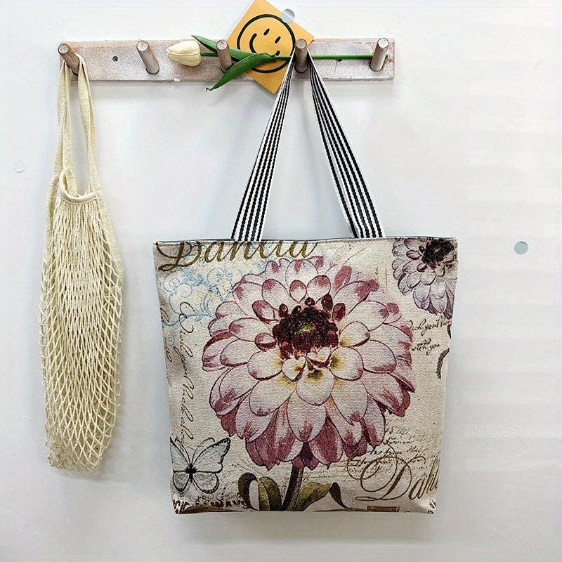 Flower Embroidery Tote Bag Canvas Shoulder Bag Women's Shopping Bag