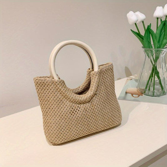 Straw Woven Casual Handbag Solid Top Handle Handbag