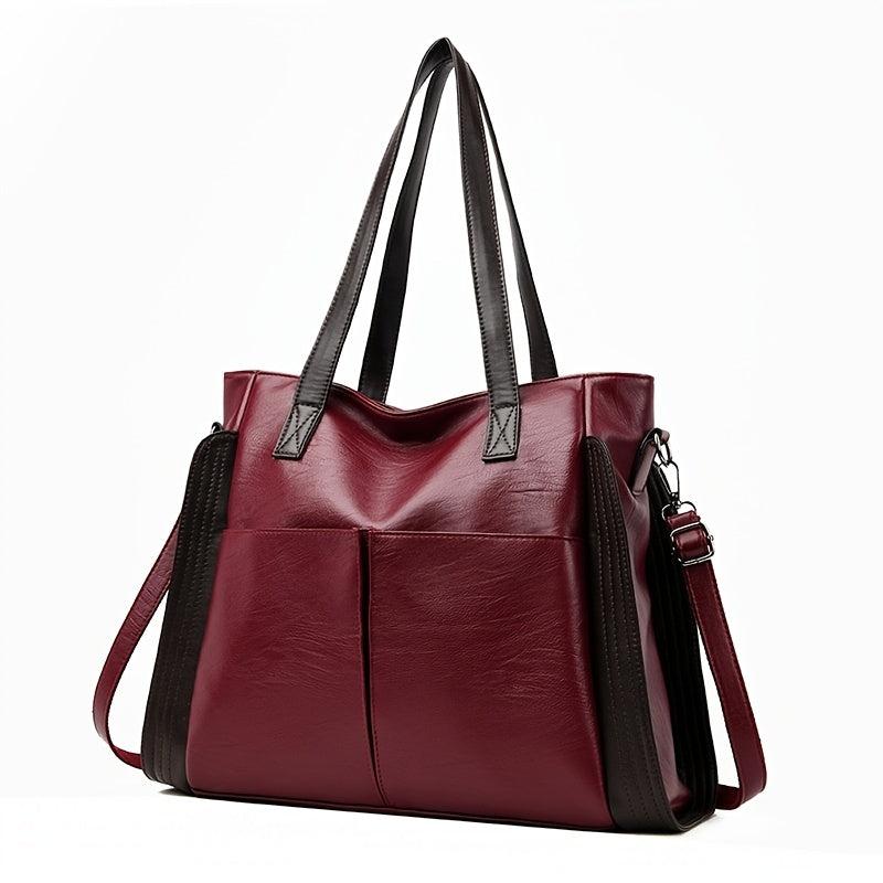 Women's Double Handle Tote Bag Soft Leather Shoulder Bag Two Tone Crossbody Work