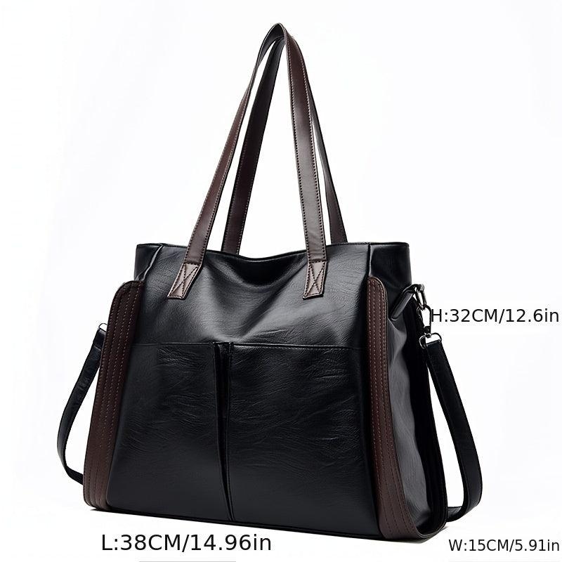 Women's Double Handle Tote Bag Soft Leather Shoulder Bag Two Tone Crossbody Work