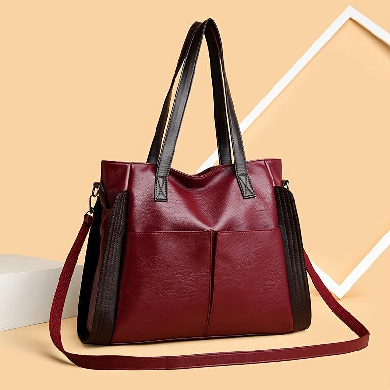 Women's Double Handle Tote Bag Soft Leather Shoulder Bag Two Tone Crossbody Work