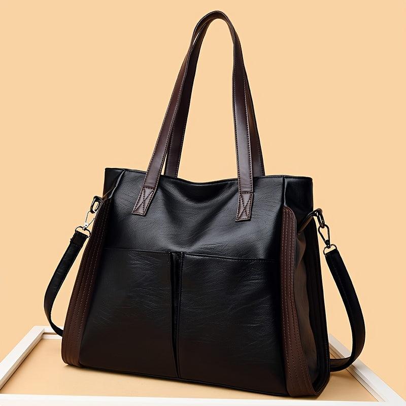 Women's Double Handle Tote Bag Soft Leather Shoulder Bag Two Tone Crossbody Work