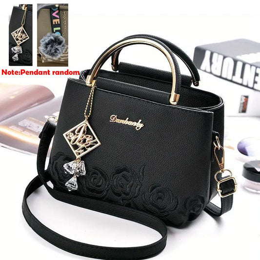 Floral Embroidered Rhinestone Crossbody Bag Top Handle Handbag