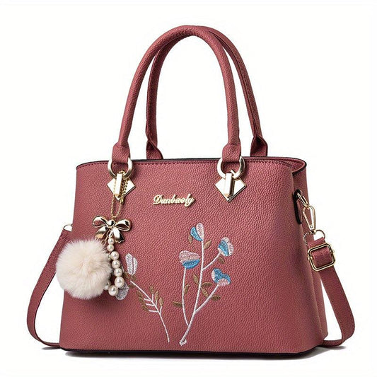 Flower Pattern Pom Pom Pendent Shoulder Bag