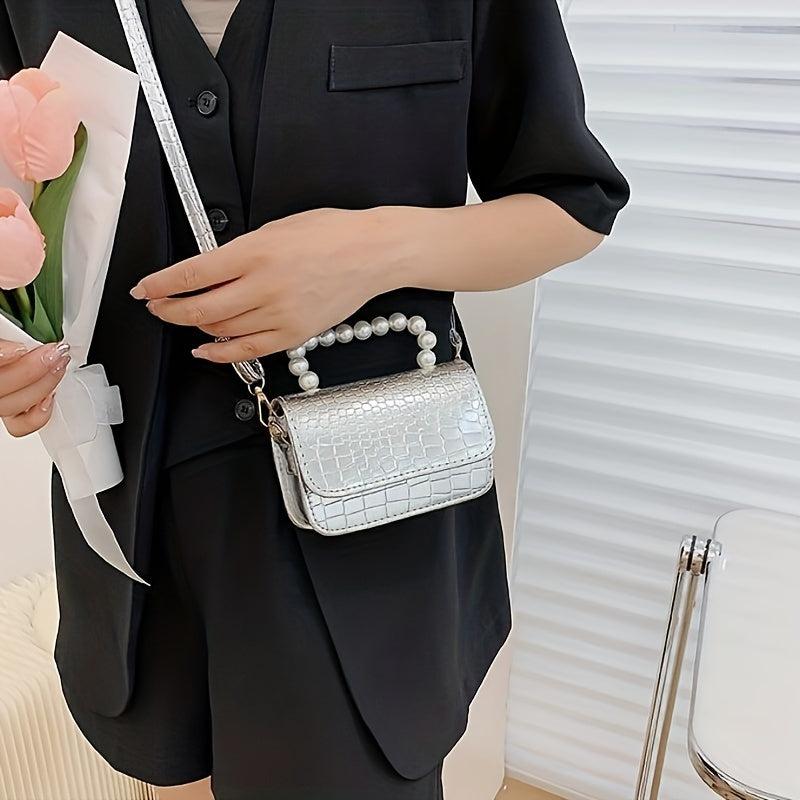 Crocodile Embossed Square Crossbody Bag With Bead Handle