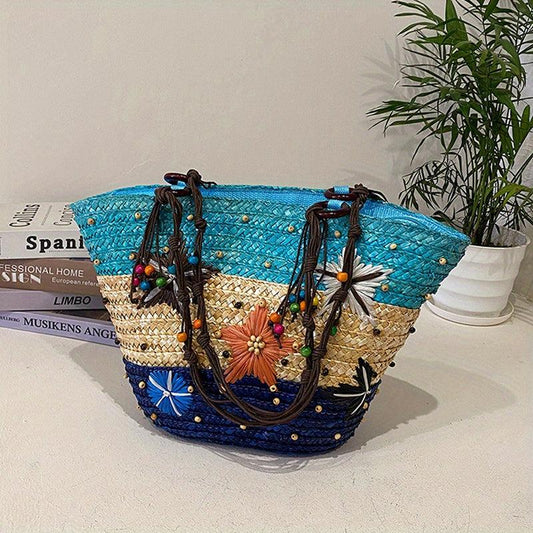 Boho Straw Beach Tote Bag Starfish Embroidered Handabag