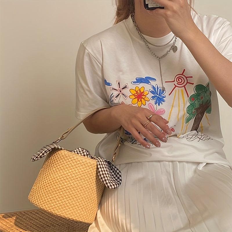 Minimalist Straw Bucket Satchel Bag Plaid Pattern Twisted Pocket Bag