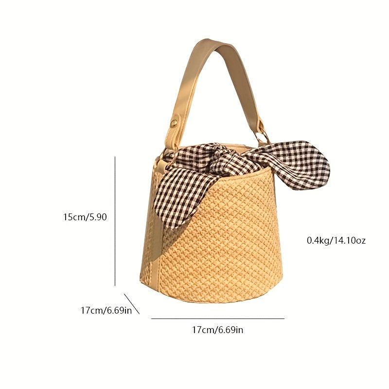 Minimalist Straw Bucket Satchel Bag Plaid Pattern Twisted Pocket Bag