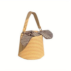 Minimalist Straw Bucket Satchel Bag Plaid Pattern Twisted Pocket Bag