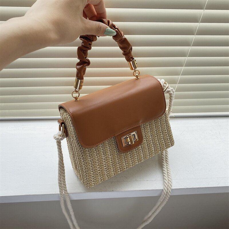Straw Mini Flap Square Bag with Ruched Top Handle