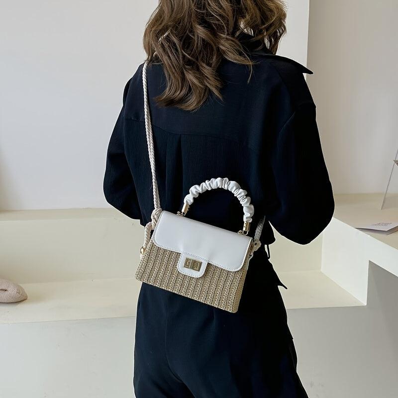 Straw Mini Flap Square Bag with Ruched Top Handle
