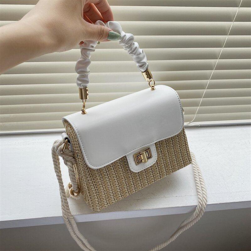 Straw Mini Flap Square Bag with Ruched Top Handle