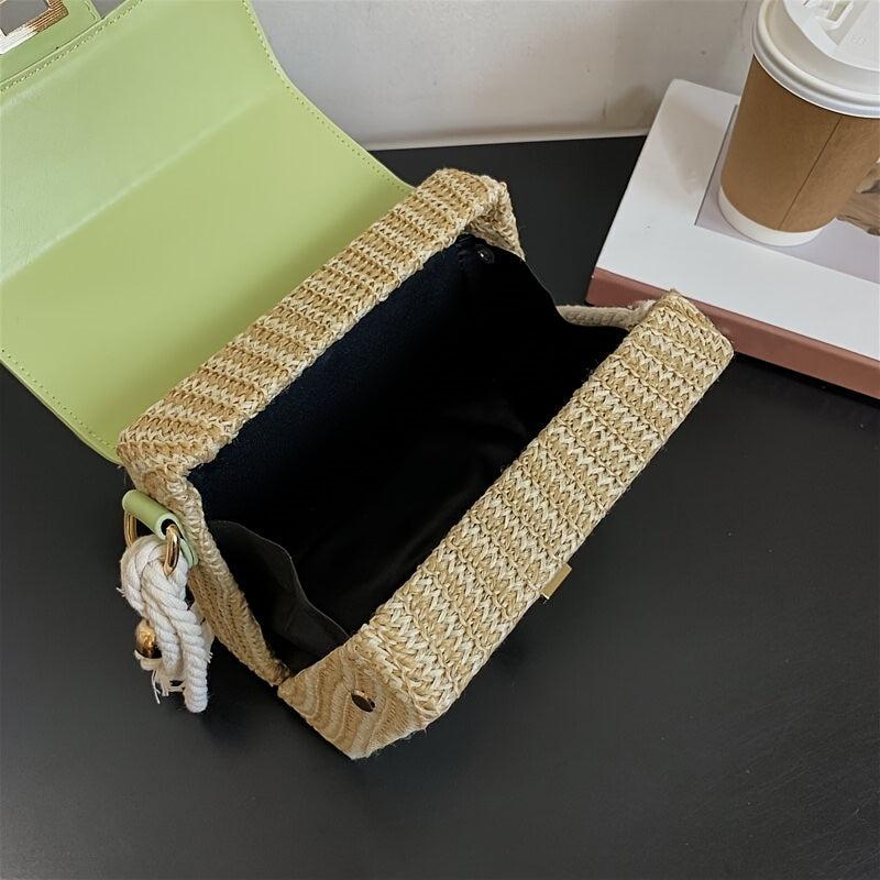 Straw Mini Flap Square Bag with Ruched Top Handle