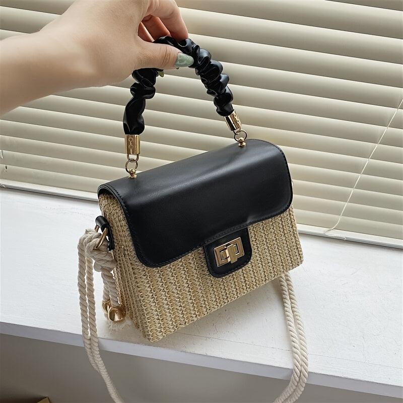 Straw Mini Flap Square Bag with Ruched Top Handle
