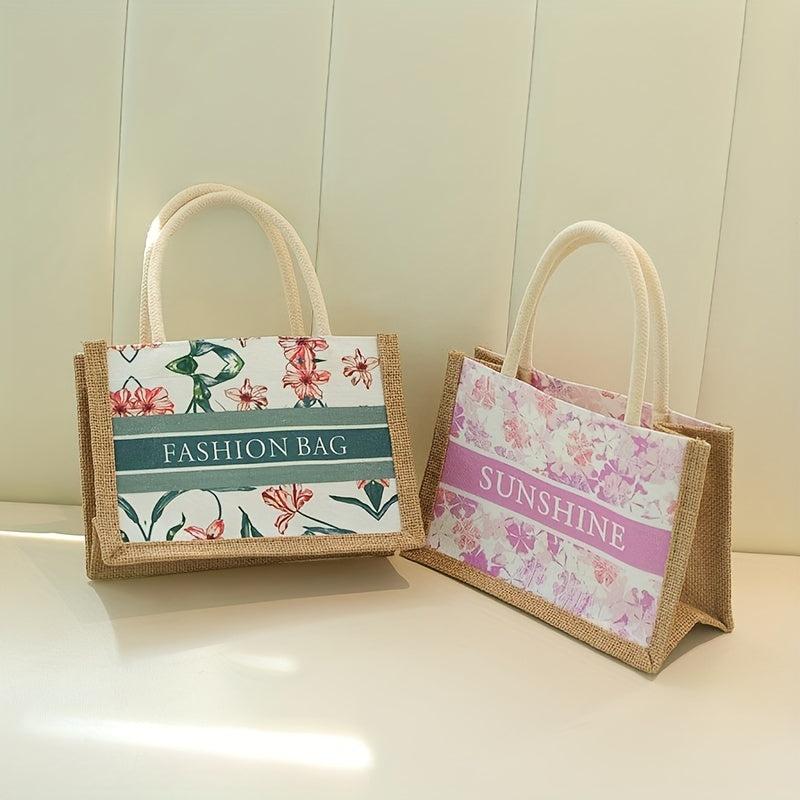 Floral & Letter Print Square Bag Portable Top Double Handles Handbag