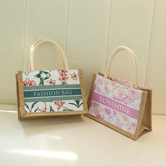 Floral & Letter Print Square Bag Portable Top Double Handles Handbag